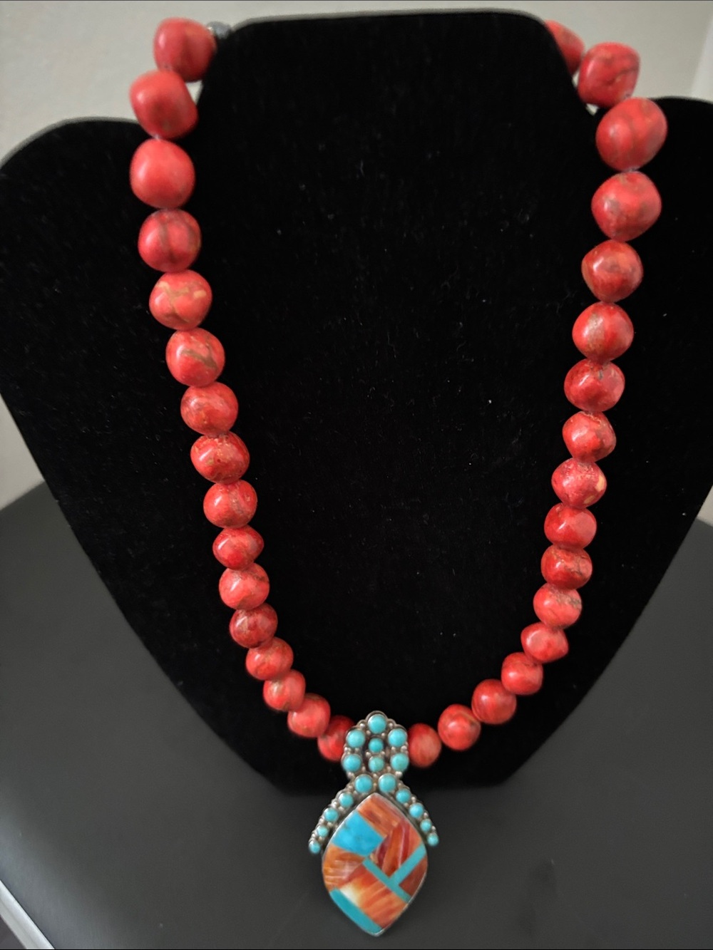 Jay King Red Bead Necklace with Turquoise Inlay Pendant - Women Jewelry